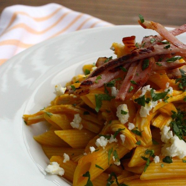 Pumpkin, bacon and chicken pasta